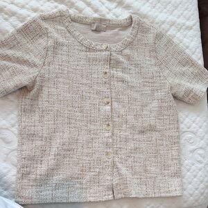 LOFT Cream Textured Short-Sleeve Button Down Top